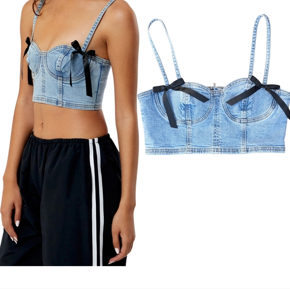 PacSun Tops - PacSun‎ Denim Bustier Crop Bra Top M Y2K Coquette Bow Corset Style
